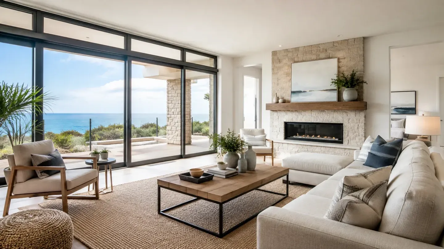 Svijetao i elegantno uređen dnevni boravak apartmana kao primjer profesionalno fotografiranog interijera.